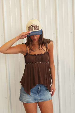 Brown Flowy Ruffle Tank With Studded Detail