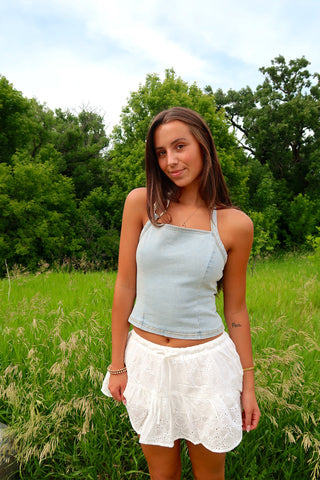 Off White Ruffle Mini Skort With Eyelet Embroidery