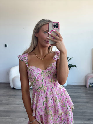 Pink Multi Floral Ruffle Maxi Dress