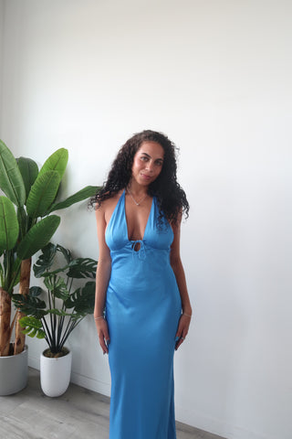 Blue Open Back Halter Neck Satin Dress