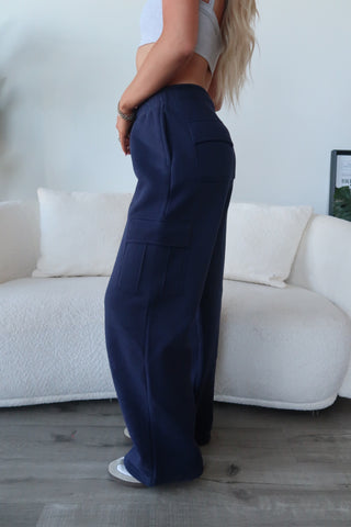 Long Navy Staple Cargo Wide Leg Sweatpants