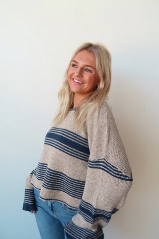 Taupe Round Neck Sweater With Navy Stripe