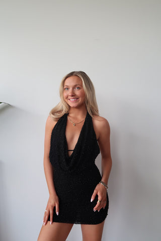 Black Low Back Beaded Mini Dress