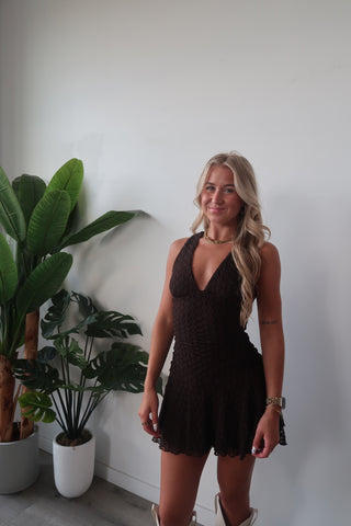 Brown V-Neck Ruffle Dress