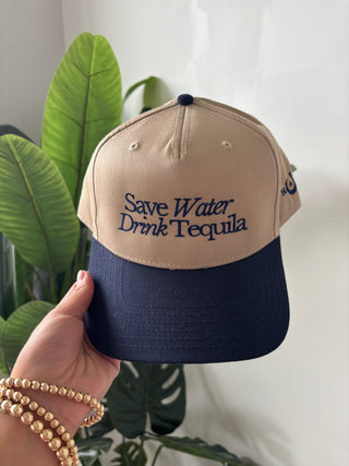“Save Water Drink Tequila” Tan & Navy Trucker Hat