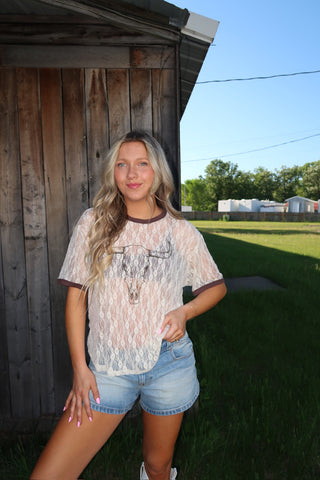 Cream & Brown Trim Longhorn Mesh T-Shirt