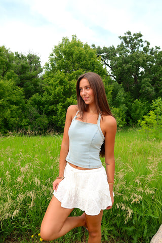 Off White Ruffle Mini Skort With Eyelet Embroidery