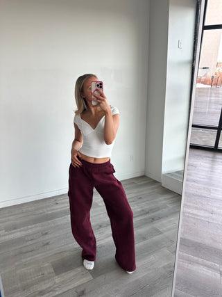 Long Black Cherry Staple Cargo Wide Leg Sweatpants