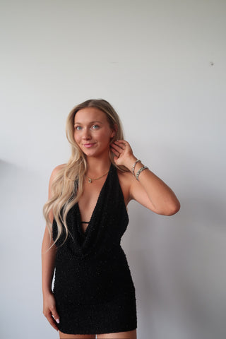 Black Low Back Beaded Mini Dress