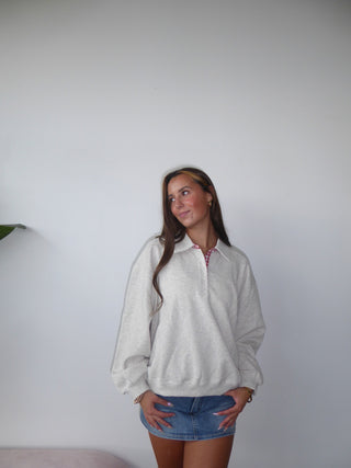 Grey Henley Sweatshirt With Red Gingham Inside