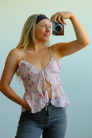 Front Tie Floral Ruffle Tank
