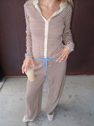 Neutral Striped Knit Wide Leg Pants