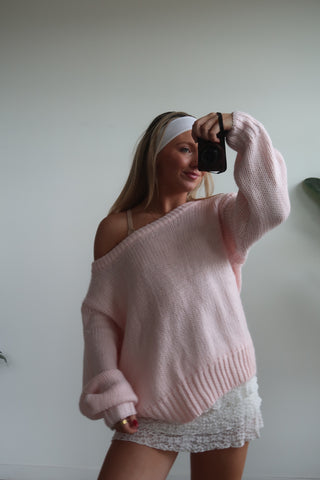 Pale Pink Off The Shoulder Knit Sweater