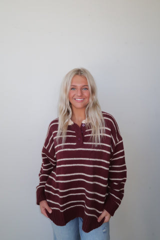 Burgundy Collared Striped Sweater