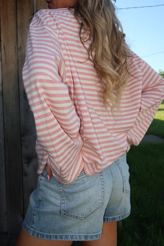 Oversized Pink Striped Basic Top