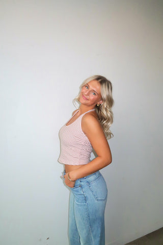 Pink & Brown Striped Cropped Halter Top