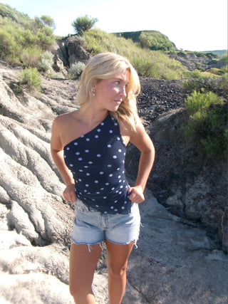 Navy One Shoulder Side Ruched Top With Polka Dots