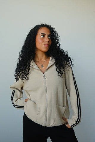 Tan Side Stripe Zip Up Sweater