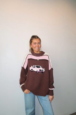 Brown Retro Car Knit Sweater
