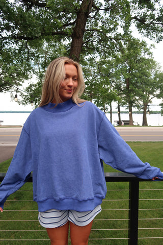 Royal Blue Vintage Wash Print Oversized Sweatshirt