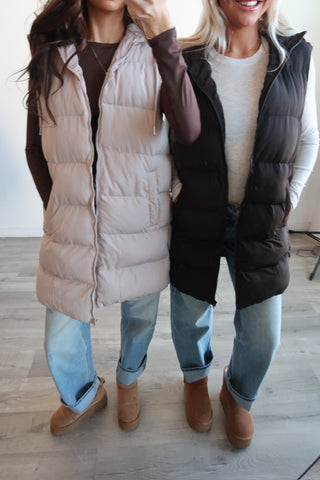 Long Ivory Hooded Puffer Vest