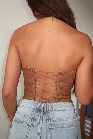 Hazelnut Washed Denim Corset With Rhinestone Embroidery
