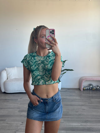 Kulani Kinis Lettuce Mesh Cropped Tee - Emerald Tides