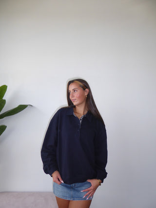 Navy Henley Sweatshirt With Navy Gingham Inside