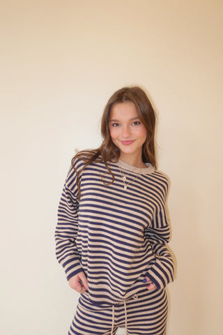 Navy & Taupe Stripe Crew Neck