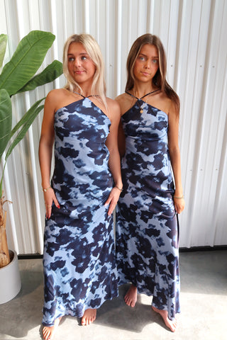 Blue Floral Open Back Maxi Dress