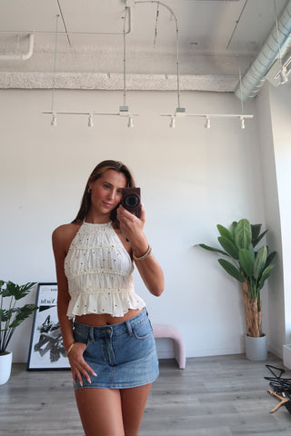 Polka Dot Backless Halter Ruffle Top