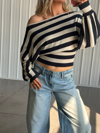 Navy Striped Boat Neck Long Sleeve Sweater