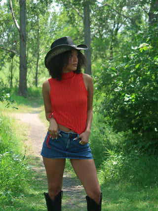 Red Mesh Asymmetrical Top
