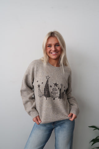 Tan Sequin Christmas Tree Sweater