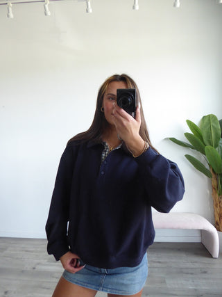 Navy Henley Sweatshirt With Navy Gingham Inside