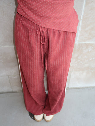Burgundy Low Rise Wide Leg Pinstriped Pants
