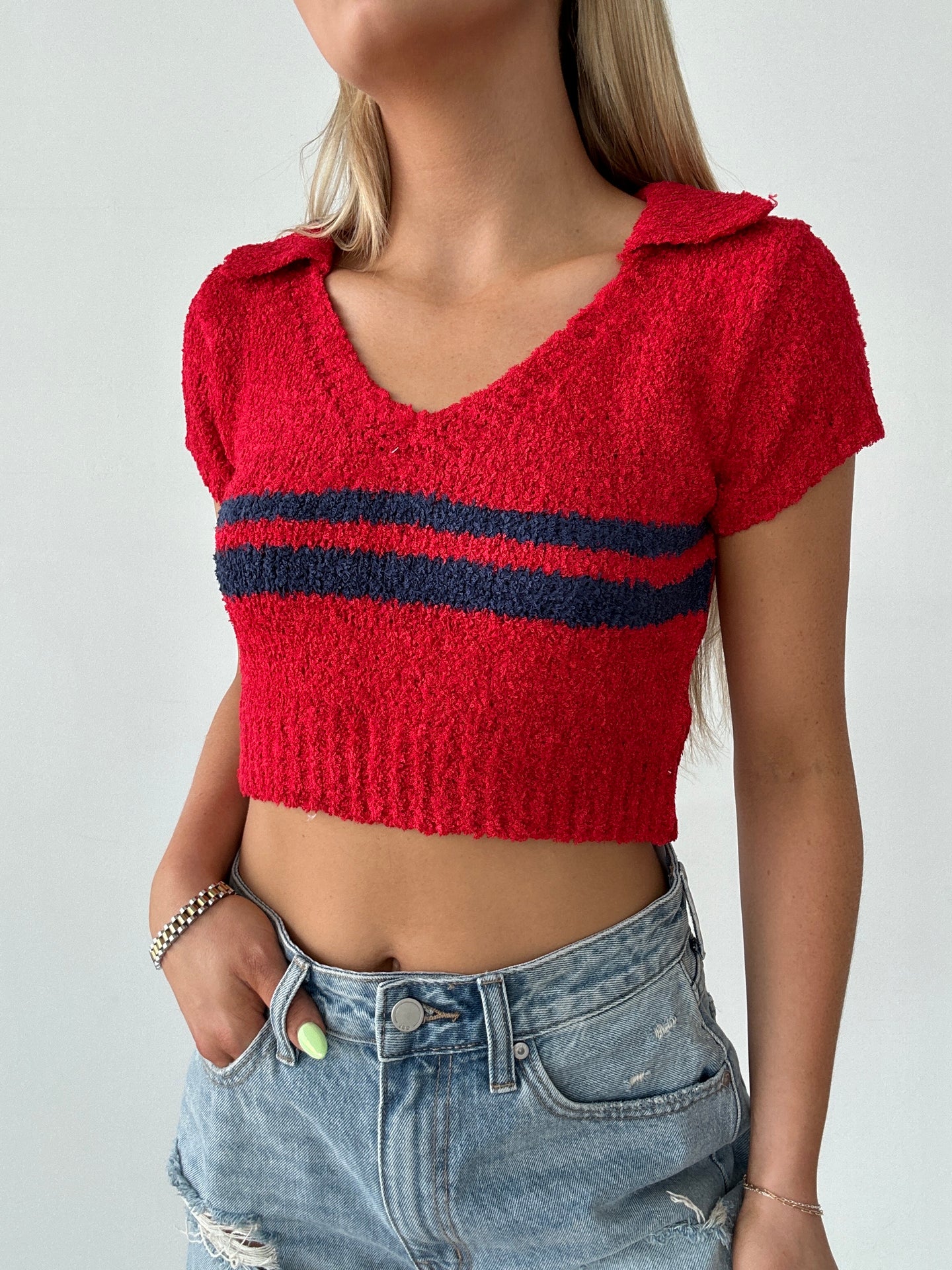 Cropped Red Sweater With Navy Strip