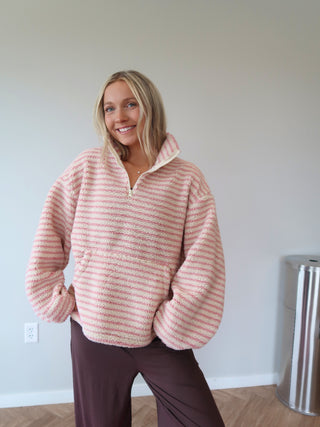 Pink & Cream Striped Quarter Zip Sherpa Pullover