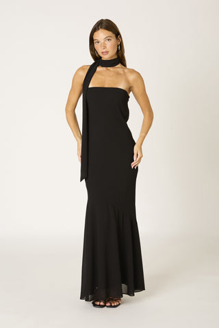 Black Strapless Maxi Dress With Scarf