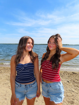 Red Stripe Ribbed Strapless Top