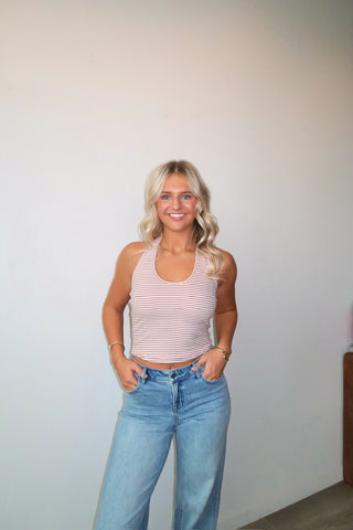 Pink & Brown Striped Cropped Halter Top
