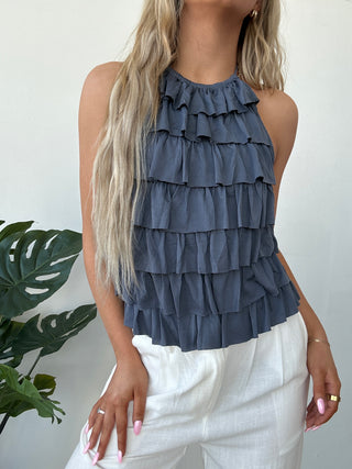 Slate Ruffled Open Back Halter Top