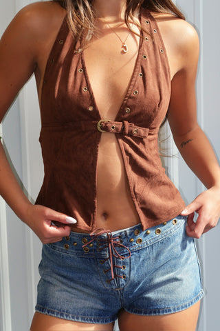 Suede Front Buckle Grommet Halter Top