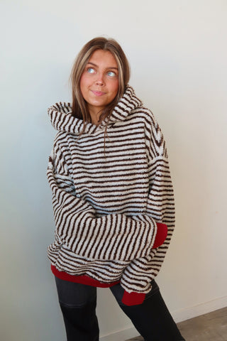 Cozy Chocolate Brown Striped Hoodie With Burgundy Cuff