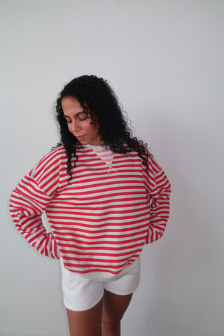 Grey & Red Everyday Striped Crewneck