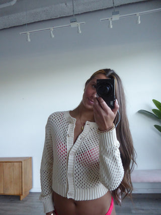 Cream Crochet Button Down Cardigan