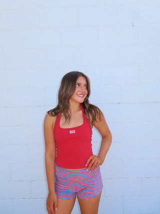 Dusty Blue/Red Fold Over Striped Shorts