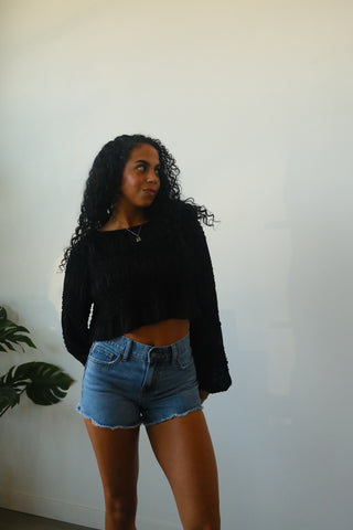 Black Smocked Sheer Long Sleeve Top