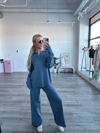 Blue Wide Leg Sweater Pants