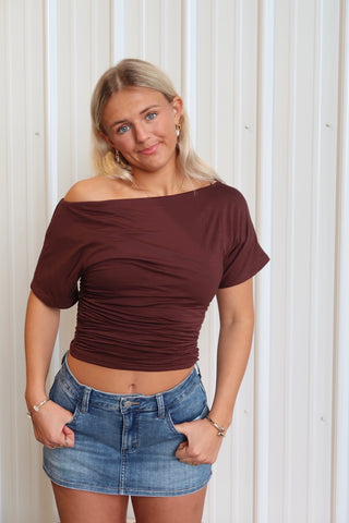 Ruched Espresso Boat Neck Short Sleeve Top